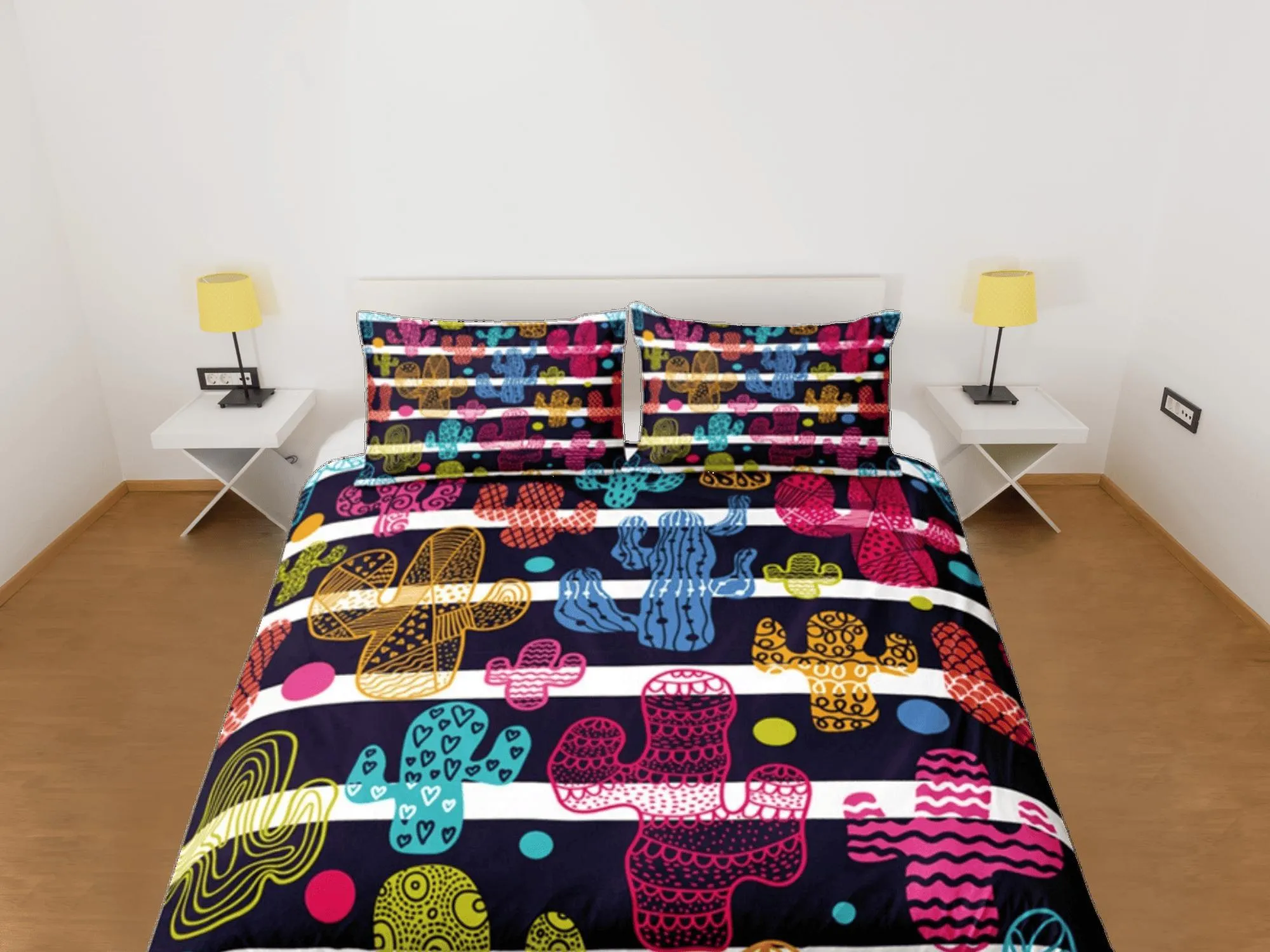 Colorful Cactus Duvet Cover Set, Stripe Bedspread Kids Bedding Set Single Bedding