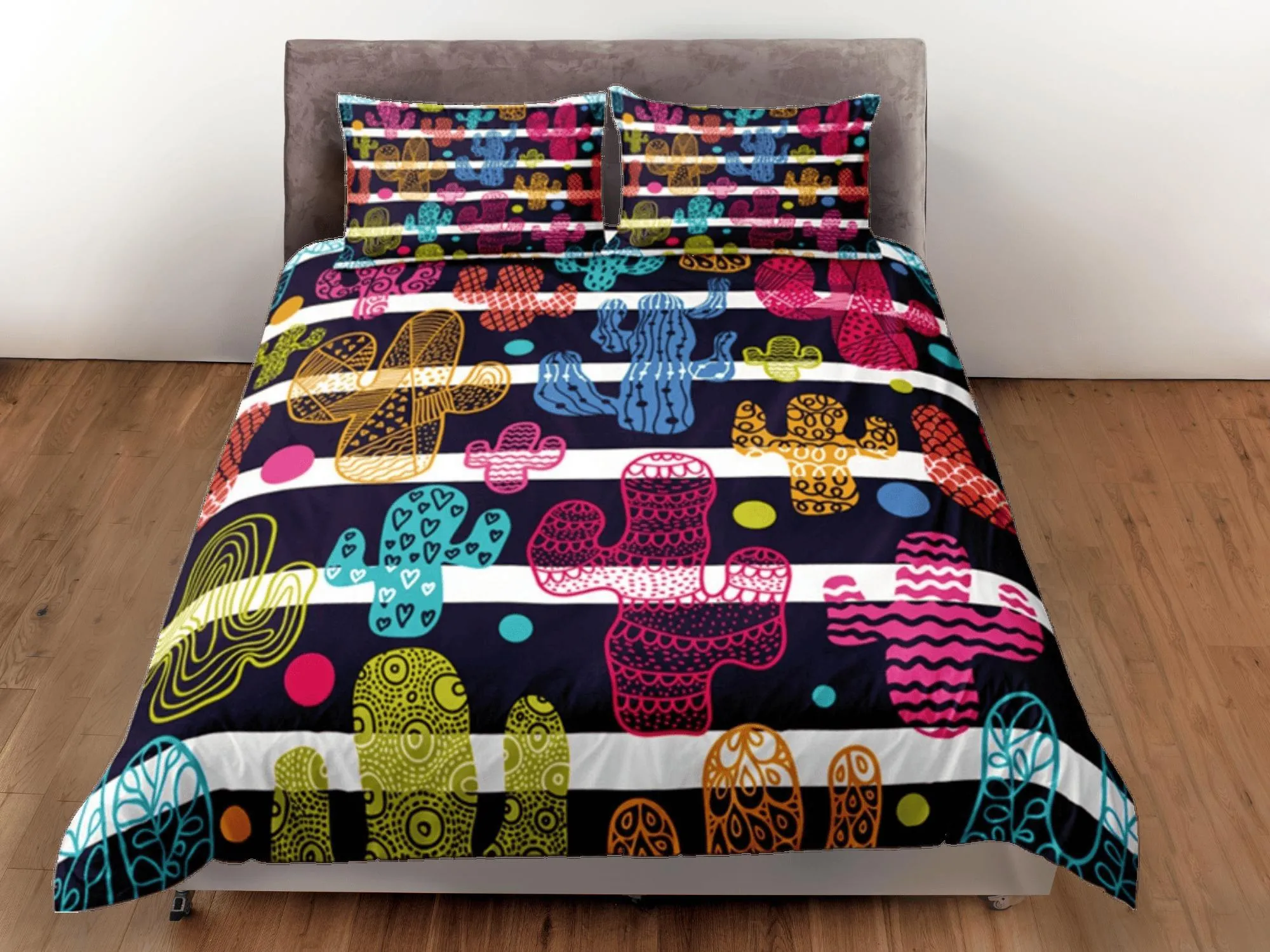 Colorful Cactus Duvet Cover Set, Stripe Bedspread Kids Bedding Set Single Bedding