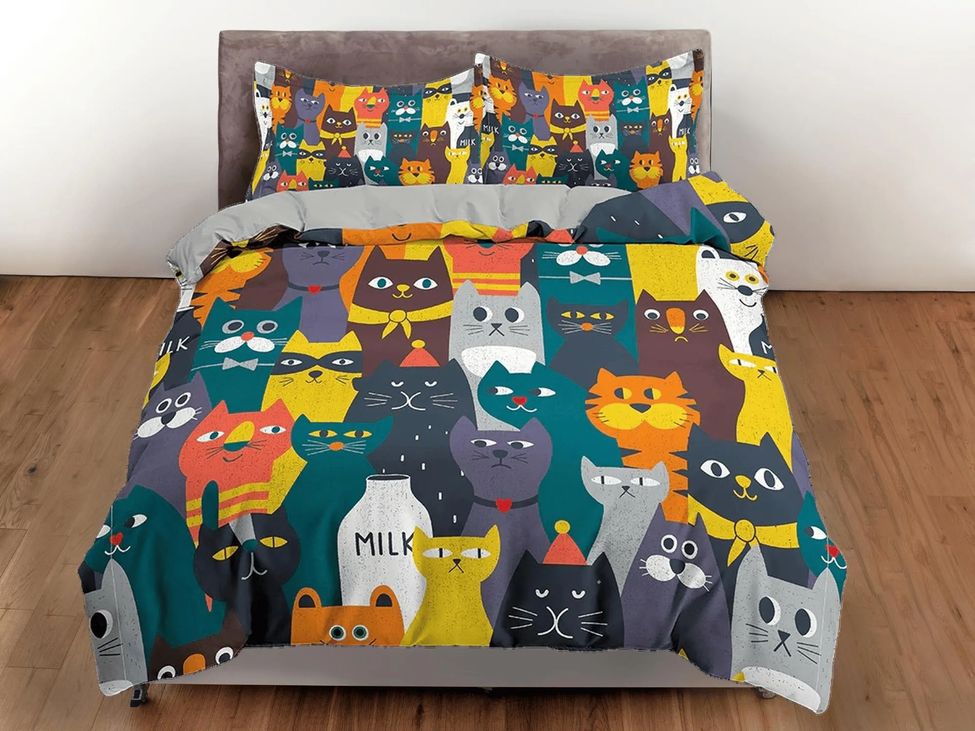 Colorful cats toddler bedding, unique duvet cover for nursery kids, crib bedding for cat lovers, baby zipper bedding, king queen full twin