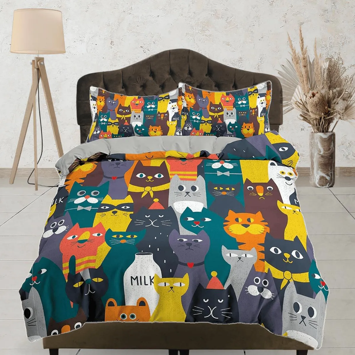 Colorful cats toddler bedding, unique duvet cover for nursery kids, crib bedding for cat lovers, baby zipper bedding, king queen full twin