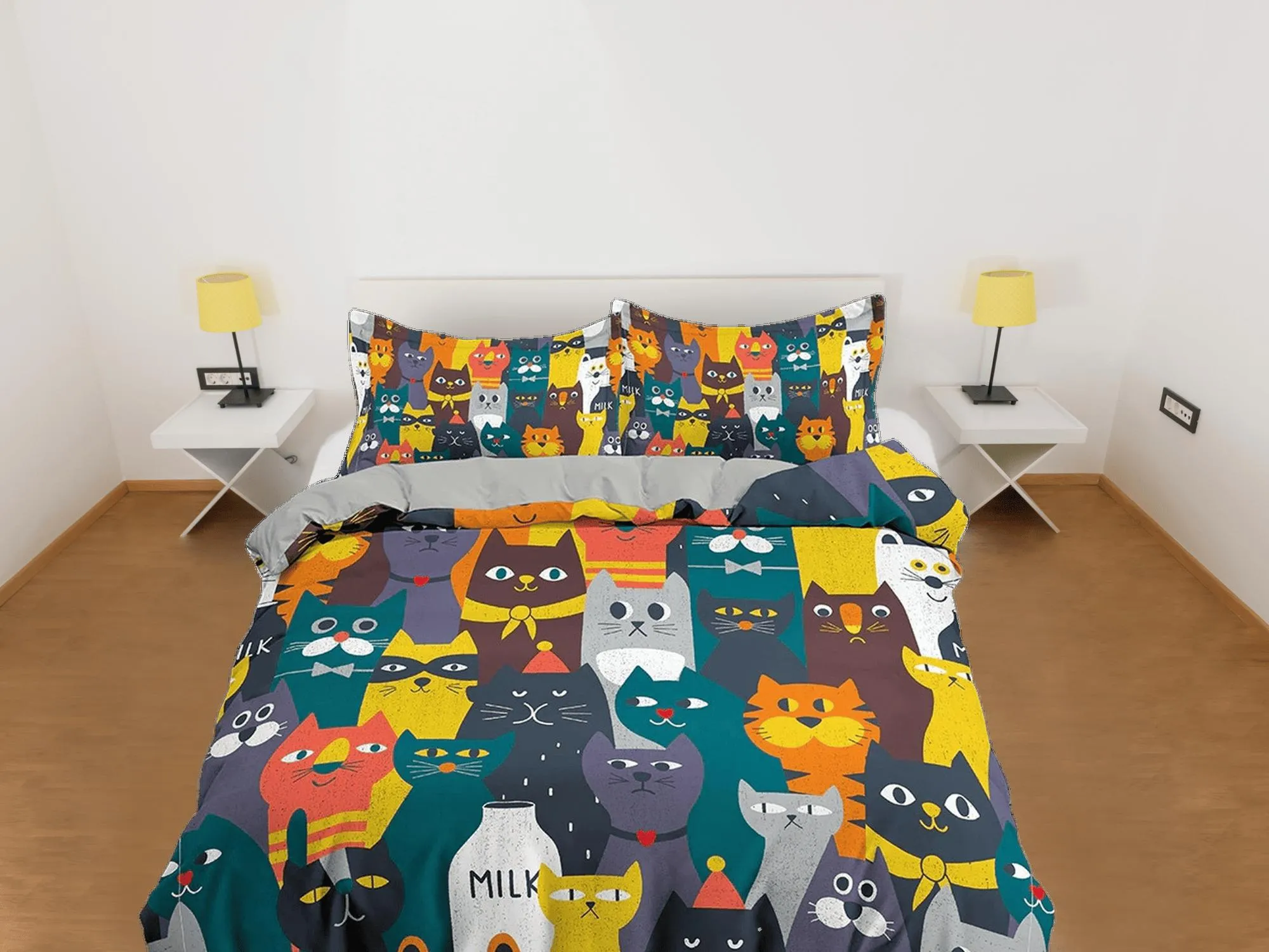 Colorful cats toddler bedding, unique duvet cover for nursery kids, crib bedding for cat lovers, baby zipper bedding, king queen full twin