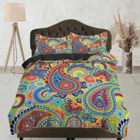 Colorful paisley yellow green duvet cover set, aesthetic room decor bedding set full, king, queen size, abstract boho bedspread artistic