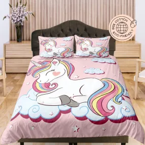 Colorful Unicorn, Baby Pink Cotton Duvet Cover Set for Kids, Toddler Bedding, Baby Zipper Bedding, Nursery Cotton Bedding, Crib Blanket