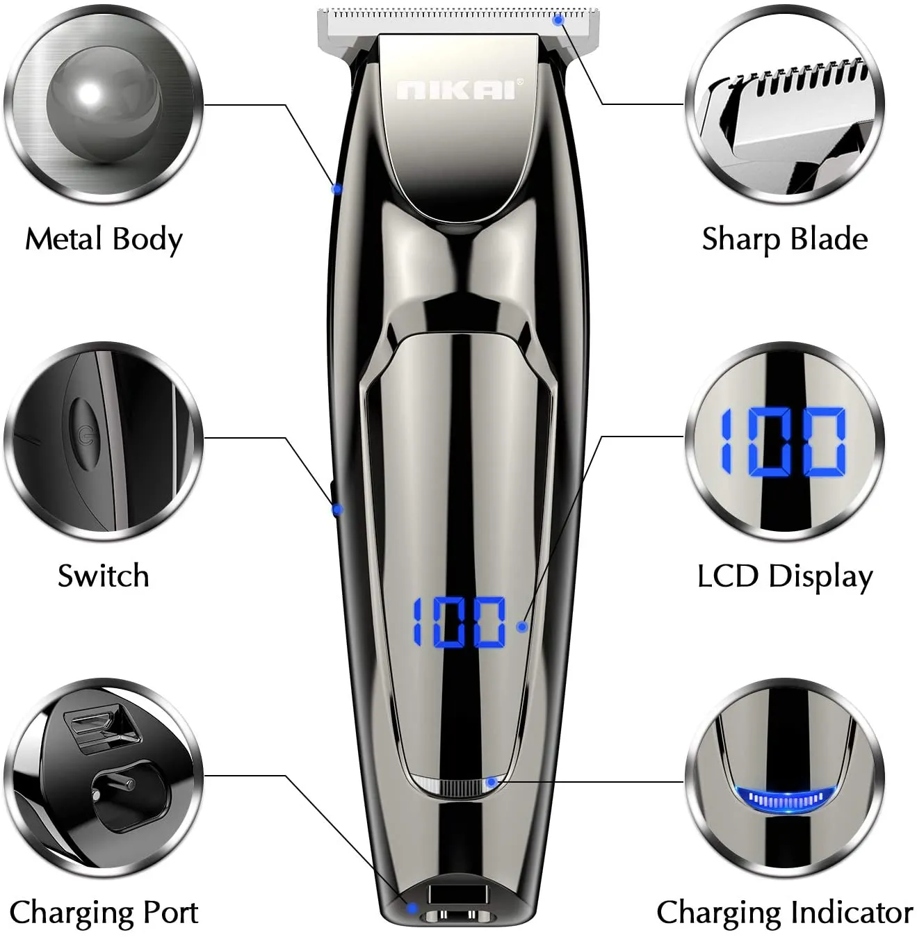 Cordless Electric Clippers, Men's Hair Clipper and Hairdressing Tool Set, Used for Men's Beard Trimming, Haircuts, etc, Rechargeable, with LED Display, 5 Length Combs, Silver ZEKEE