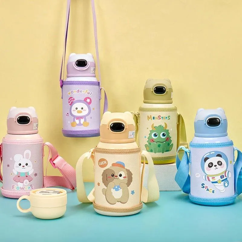 Cute Cartoon Stainless Steel School Water Bottle for Kids with Temperature Display with Portable Strap