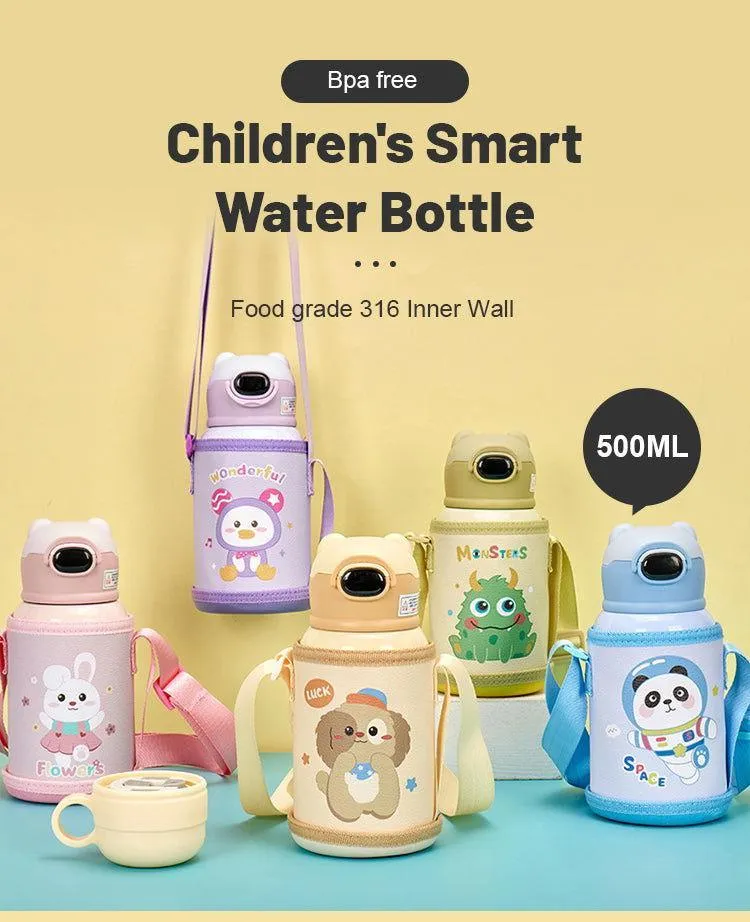 Cute Cartoon Stainless Steel School Water Bottle for Kids with Temperature Display with Portable Strap