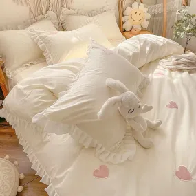 Cute Elegant Princessy Cream White Heart Pattern Simple Ruffle Edge Duvet Cover Set Single Twin Queen Size