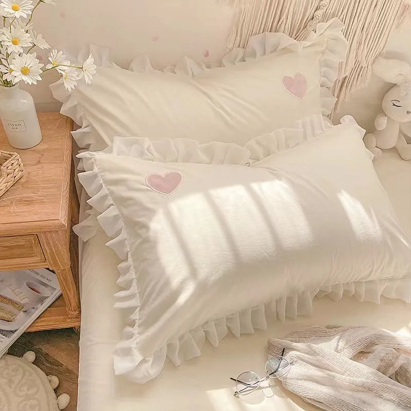 Cute Elegant Princessy Cream White Heart Pattern Simple Ruffle Edge Duvet Cover Set Single Twin Queen Size