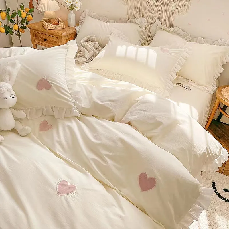 Cute Elegant Princessy Cream White Heart Pattern Simple Ruffle Edge Duvet Cover Set Single Twin Queen Size