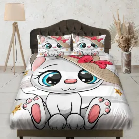 Cute White Cat Girly Fitted Sheet Deep Pocket, Aesthetic Dorm Bedding Set Full, Elastic Bedsheet, Crib Sheet, Baby Bedding, Cat Lover Gift