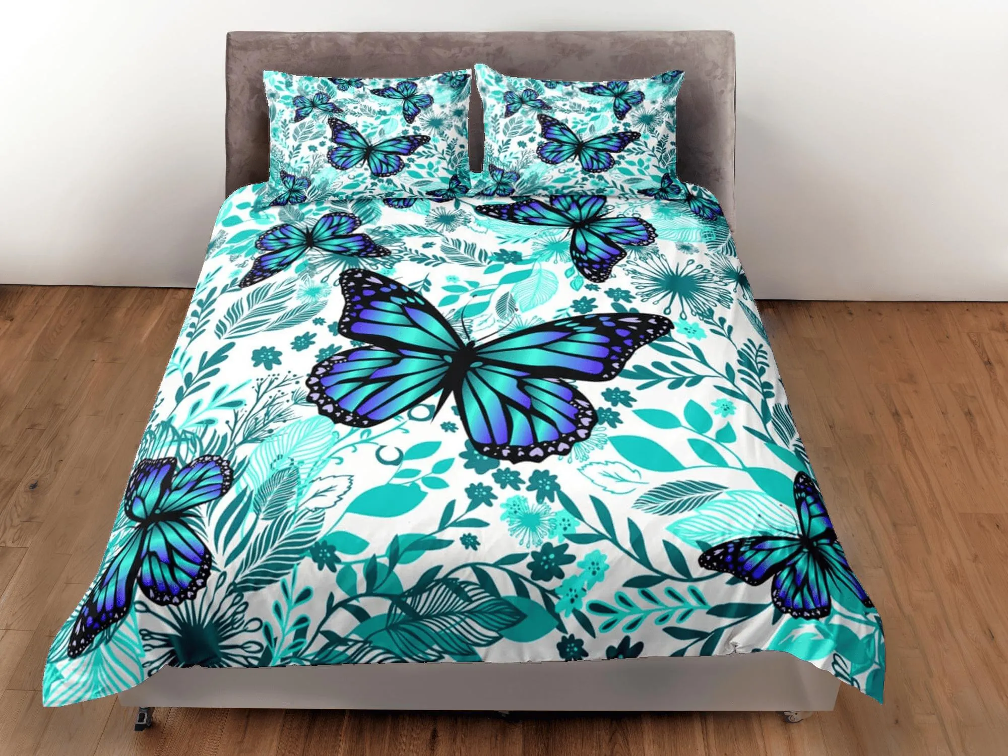 Cyan butterfly bedding boho chic aesthetic aqua duvet cover, dorm bedding full size adult duvet king queen twin, nursery toddler bedding