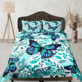 Cyan butterfly bedding boho chic aesthetic aqua duvet cover, dorm bedding full size adult duvet king queen twin, nursery toddler bedding