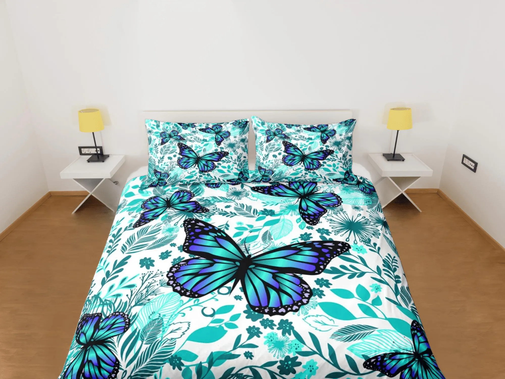 Cyan butterfly bedding boho chic aesthetic aqua duvet cover, dorm bedding full size adult duvet king queen twin, nursery toddler bedding