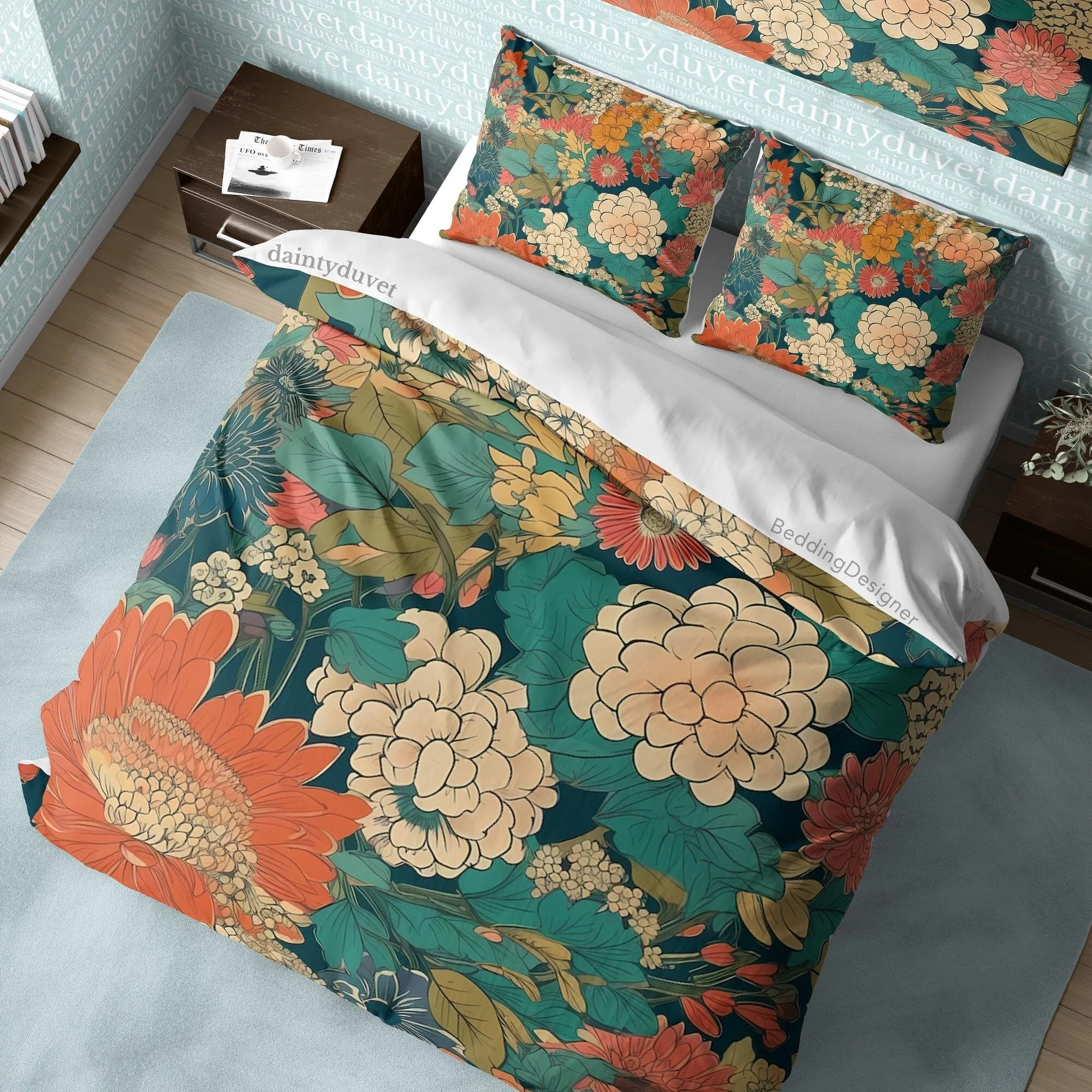 Dahlia Duvet Cover Camellia Quilt Cover, Japanese Flowers Bedding Set Colorful Bedspread, Adults Bedroom Bedspread Retro Bed Cover