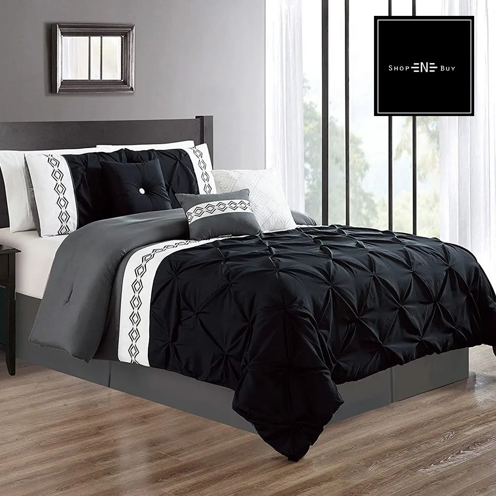 Embroidered Pintuck Duvet 8 Pieces - Black & Grey