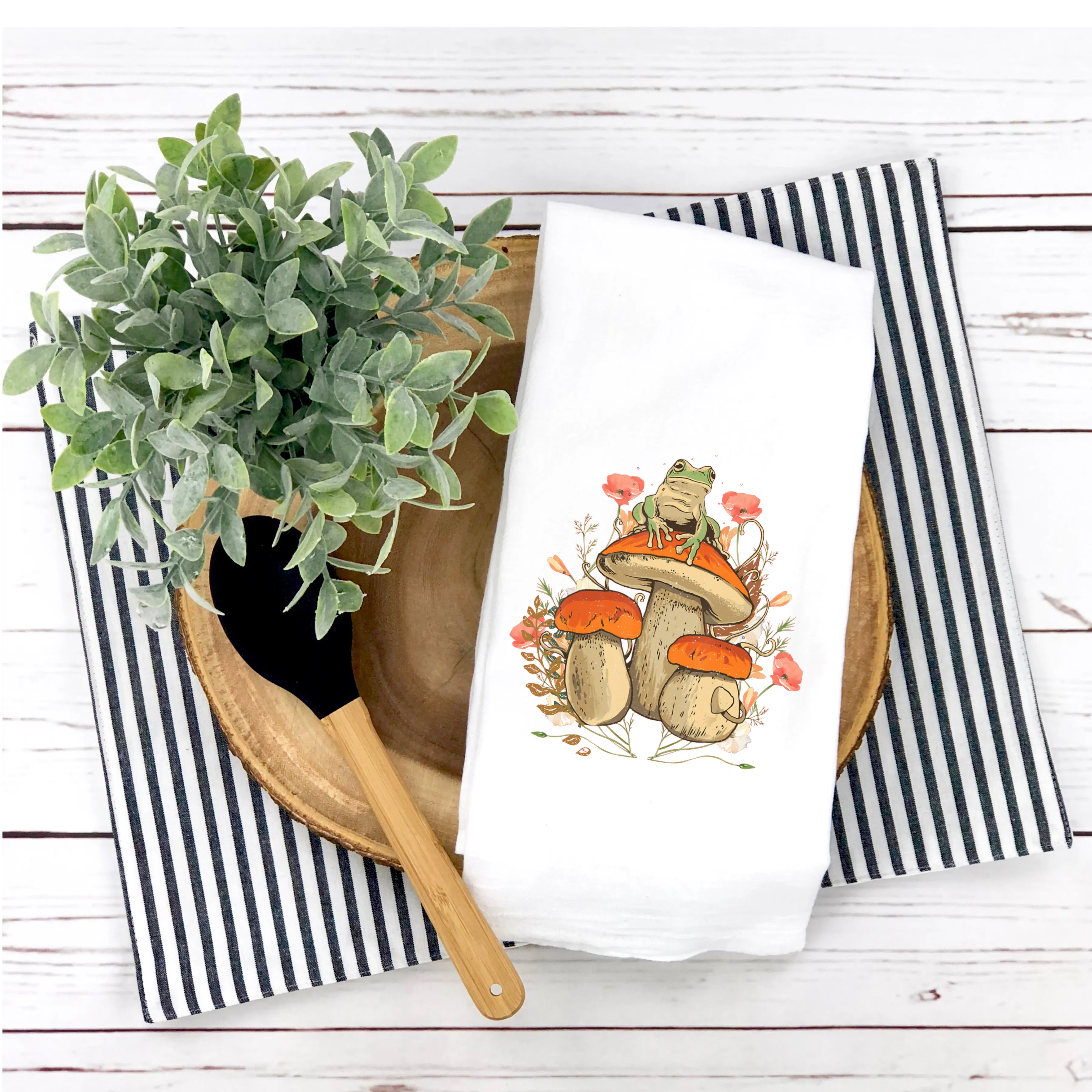 Frog and Mushroom Tea Towel,  Whimsical Tea Towel,  Spring Summer Tea Towel, Spring Summer Kitchen Décor, Hostess Gift