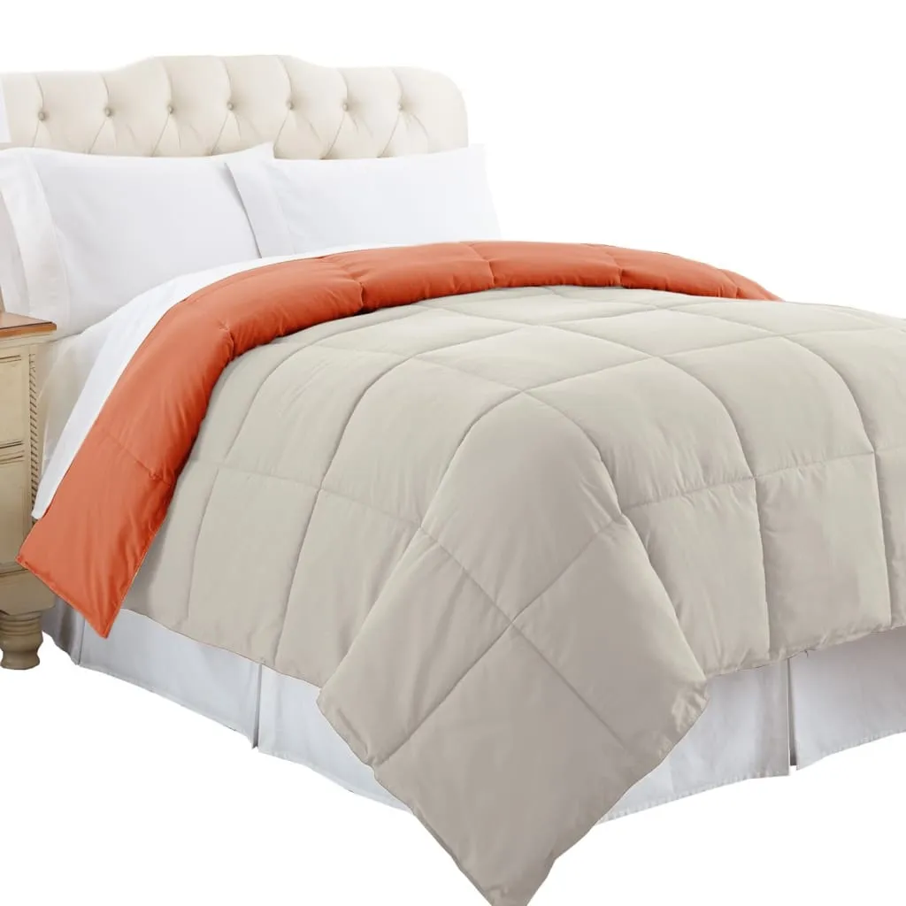 Genoa Twin Size Box Quilted Reversible Comforter By Casagear Home, Orange and Gray