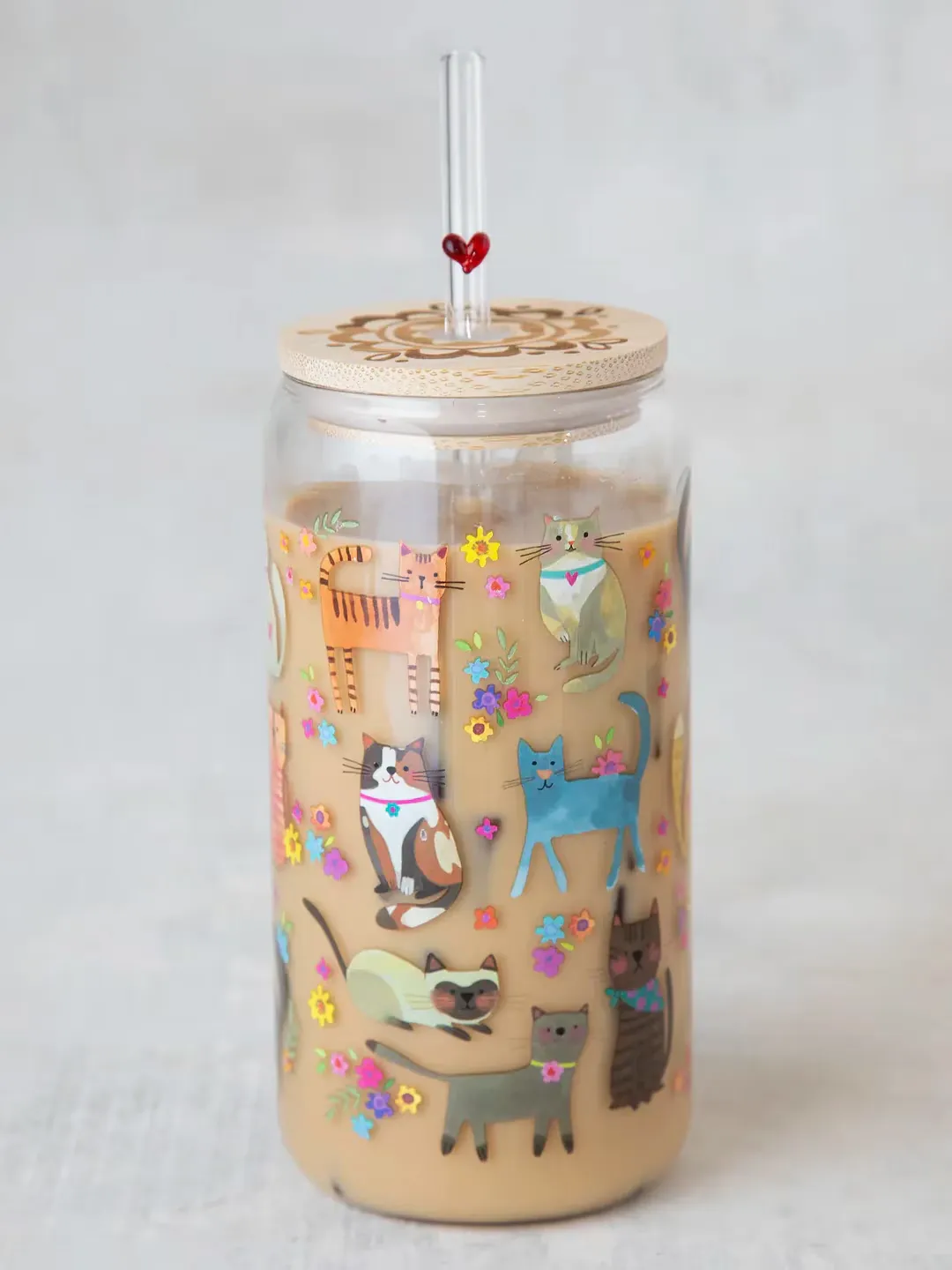 Glass Tumbler with Lid and Straw - Cats