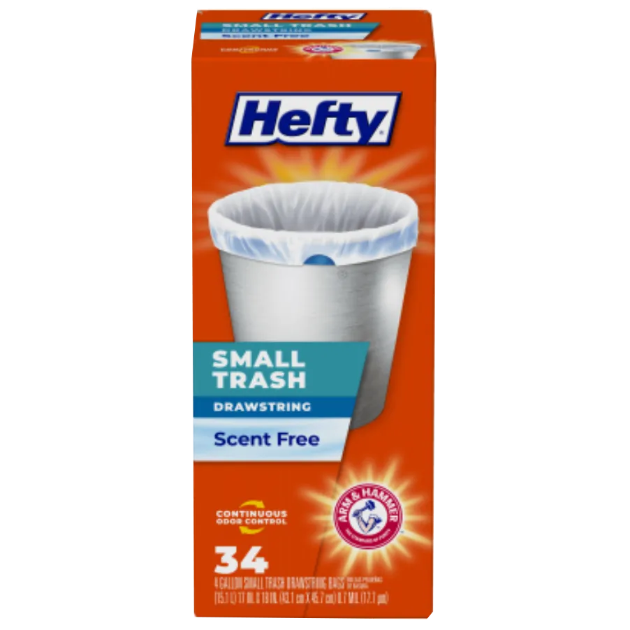 Hefty Draw String Small Trash Bags – 4 Gallon – Scent Free – 34 Count