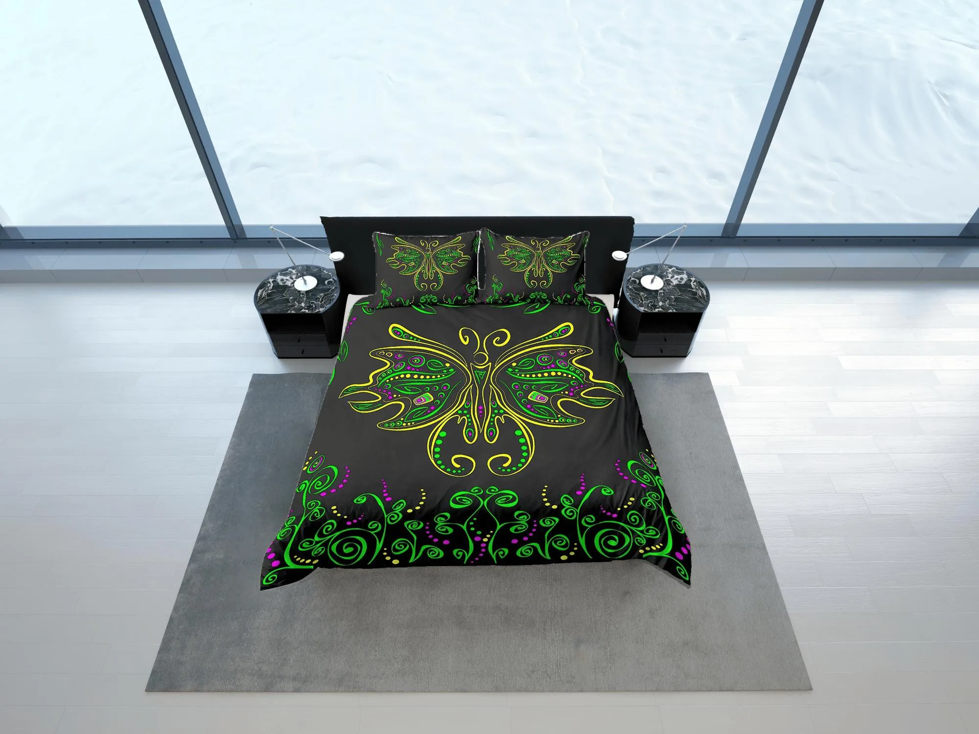 Hippie bedding luna moth green witchy decor dorm bedding, aesthetic duvet, boho bedding set full king queen, tattoo design, black bedspread