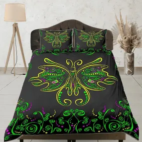 Hippie bedding luna moth green witchy decor dorm bedding, aesthetic duvet, boho bedding set full king queen, tattoo design, black bedspread