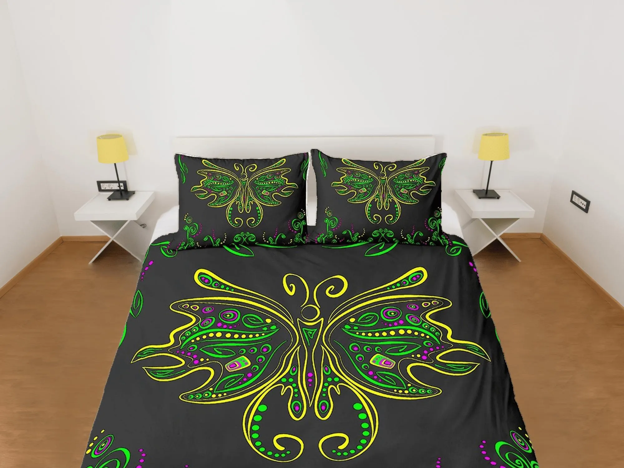 Hippie bedding luna moth green witchy decor dorm bedding, aesthetic duvet, boho bedding set full king queen, tattoo design, black bedspread