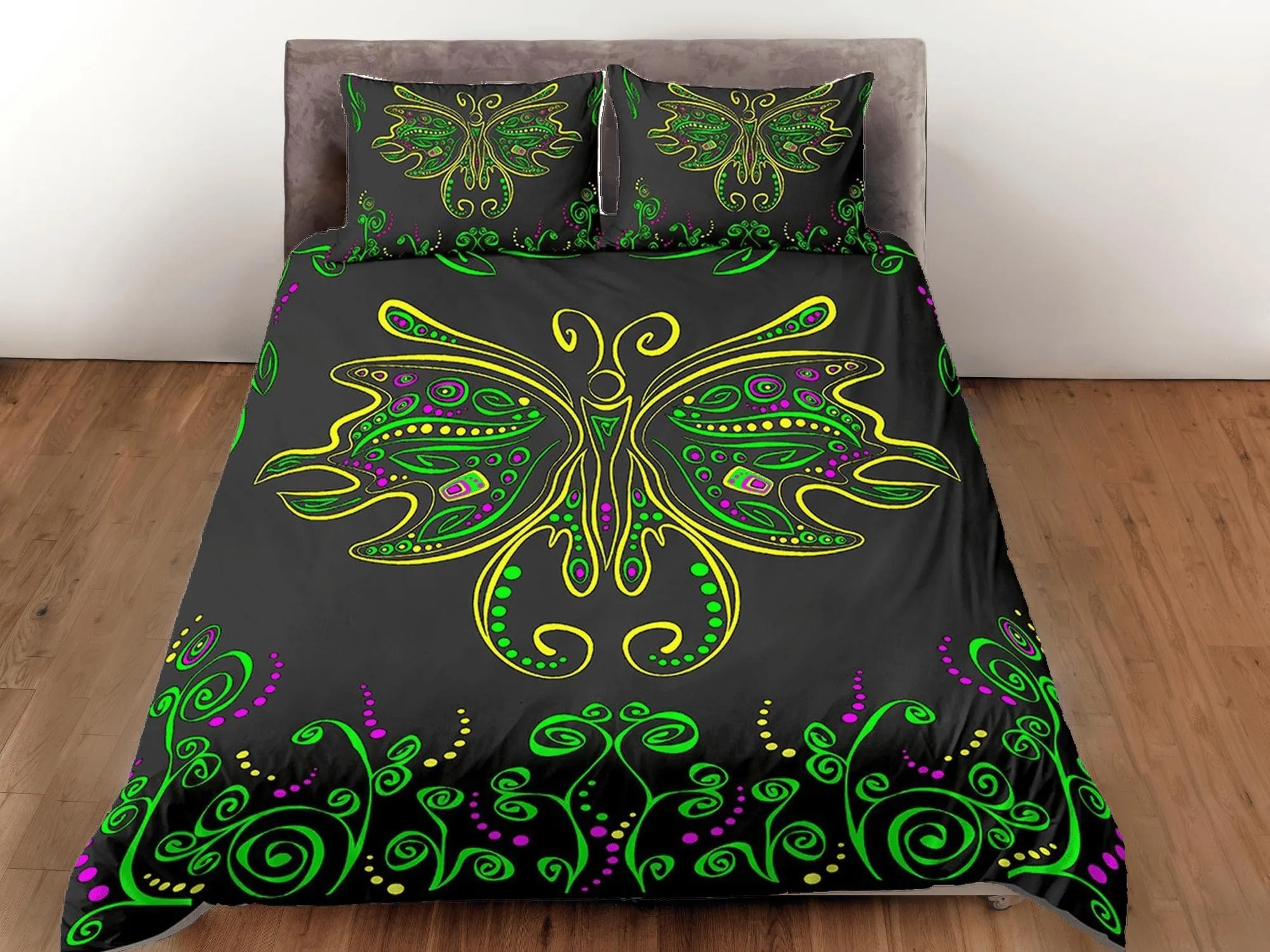 Hippie bedding luna moth green witchy decor dorm bedding, aesthetic duvet, boho bedding set full king queen, tattoo design, black bedspread