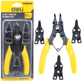 Homdum 5 in 1 Circlip Plier Set Deli Combination Interchangeable Retaining Tool Kit for External & Internal Circlips 4 pc two way Multiple Jaws size 6” inch Snap Ring Pliers for 10 to 25 MM Circle Clip