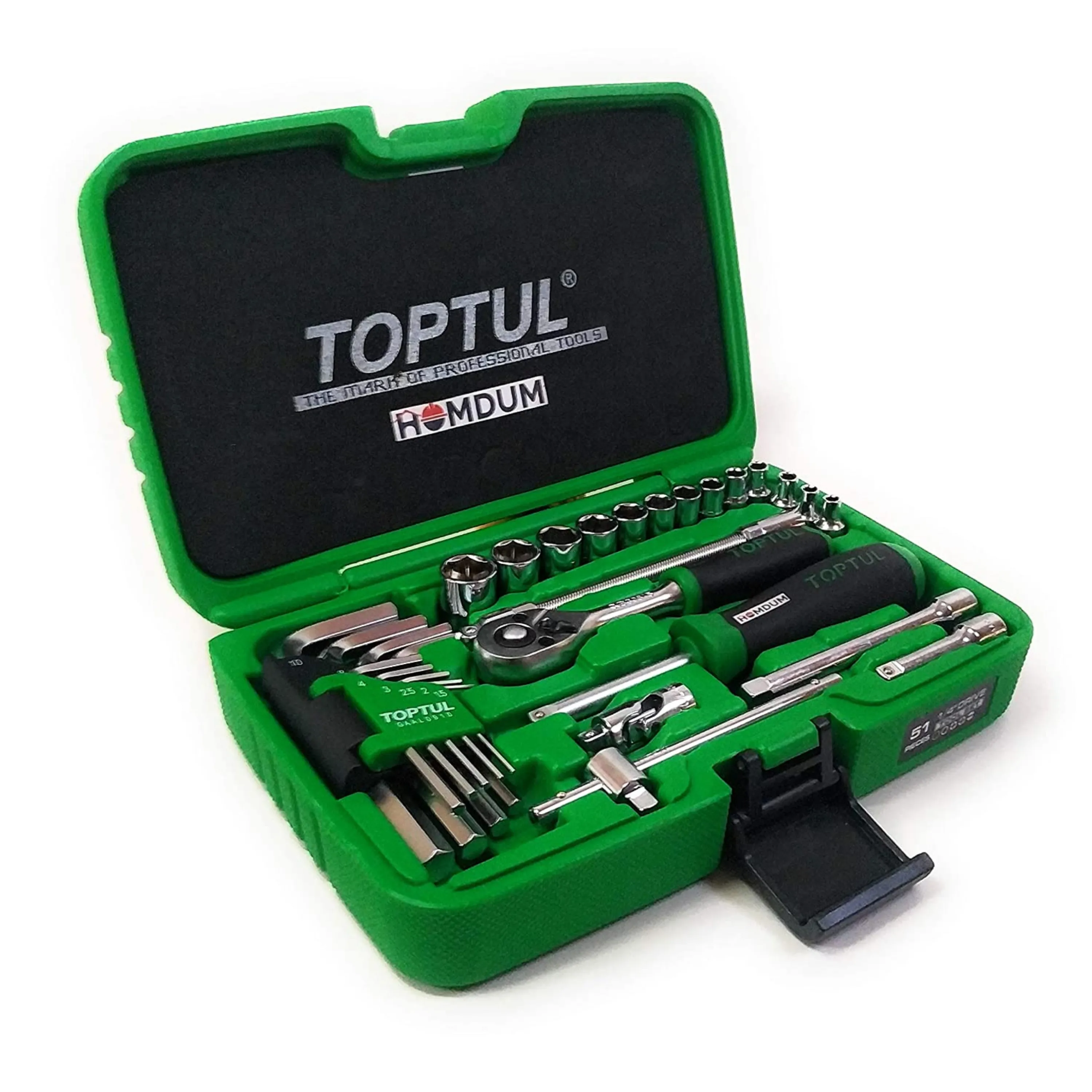 Homdum Toptul 51 pc Socket Wrench Set – Chromium Vanadium Steel – Comfortable Grip with Locking Mechanism – Compatible with Nuts, Screws, Bolts – Complete Wrench Set.