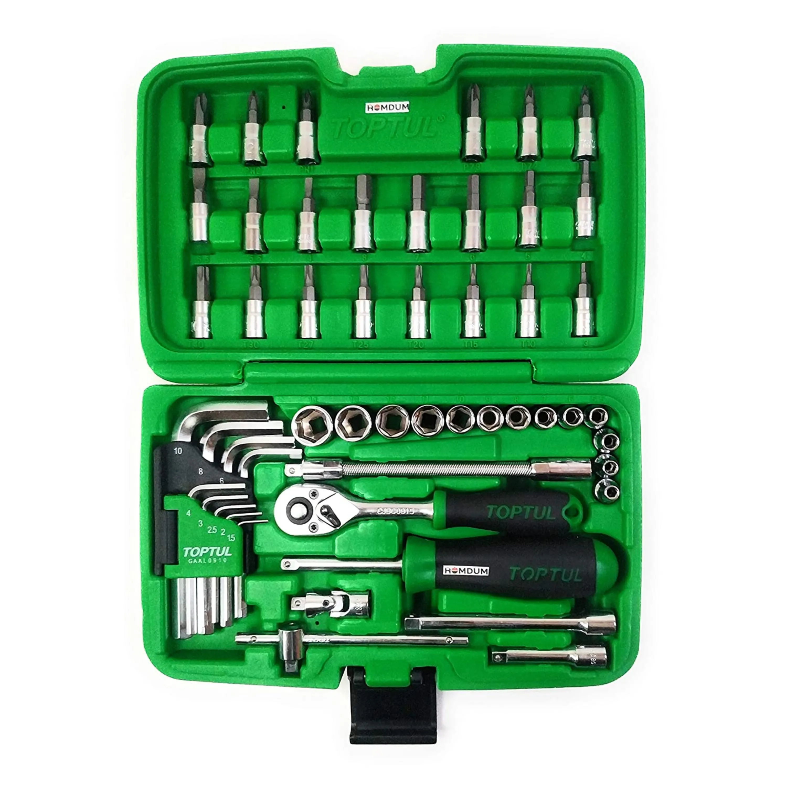 Homdum Toptul 51 pc Socket Wrench Set – Chromium Vanadium Steel – Comfortable Grip with Locking Mechanism – Compatible with Nuts, Screws, Bolts – Complete Wrench Set.