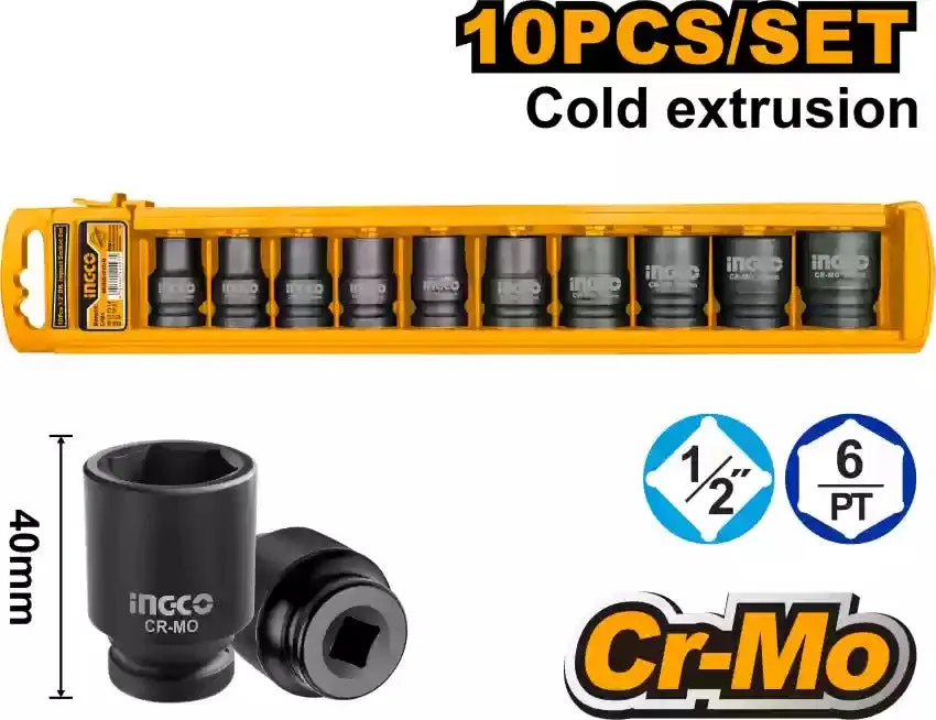 INGCO 10 Pcs 1/2 inch DR. Impact Socket Set, HKISSD12101