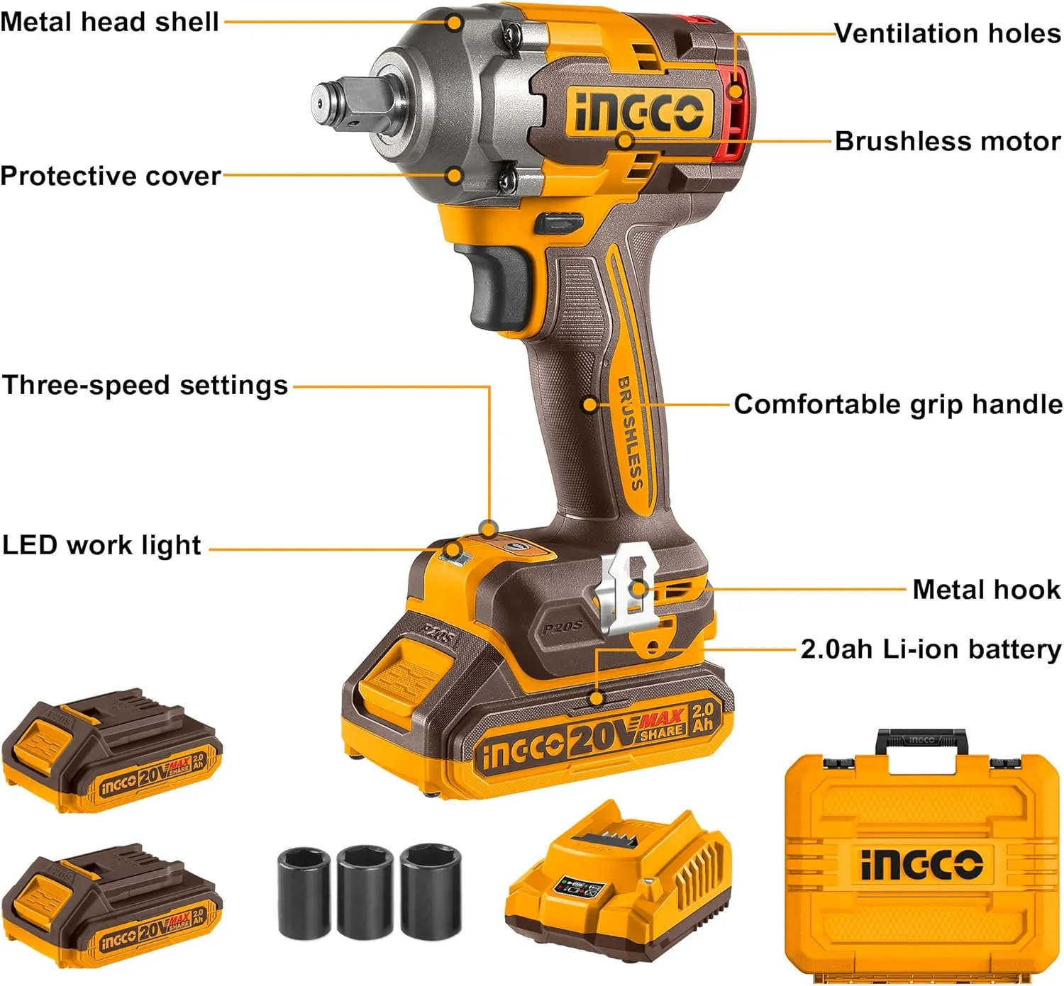 Ingco Brushless Impact Wrench 400NM Nut-Busting Torque: 550Nm, 1/2" 20V Cordless Impact Gun, Variable Speed 2300RPM, 2900BPM with 2Pcs 2.0Ah Battery and 1Pcs Charger CIWLI2040