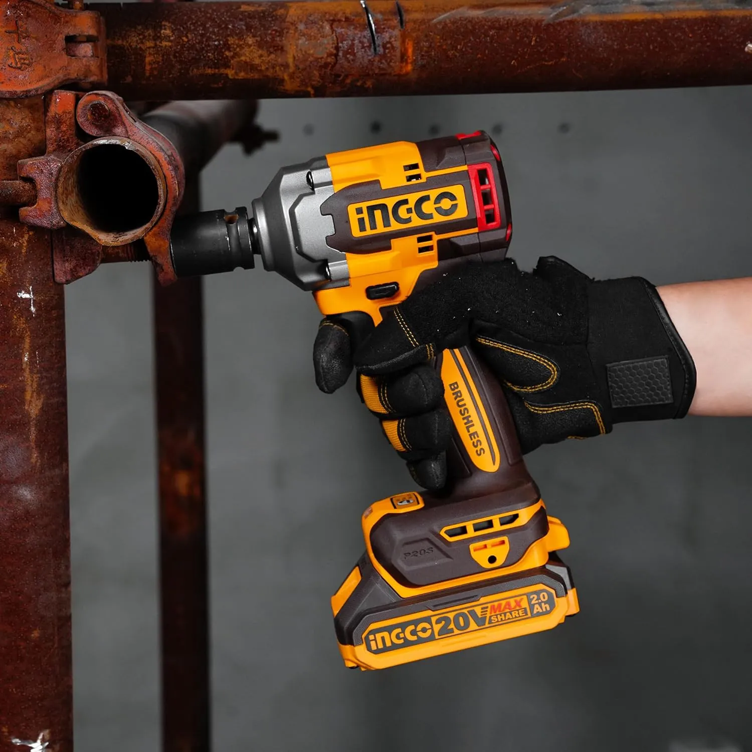 Ingco Brushless Impact Wrench 400NM Nut-Busting Torque: 550Nm, 1/2" 20V Cordless Impact Gun, Variable Speed 2300RPM, 2900BPM with 2Pcs 2.0Ah Battery and 1Pcs Charger CIWLI2040