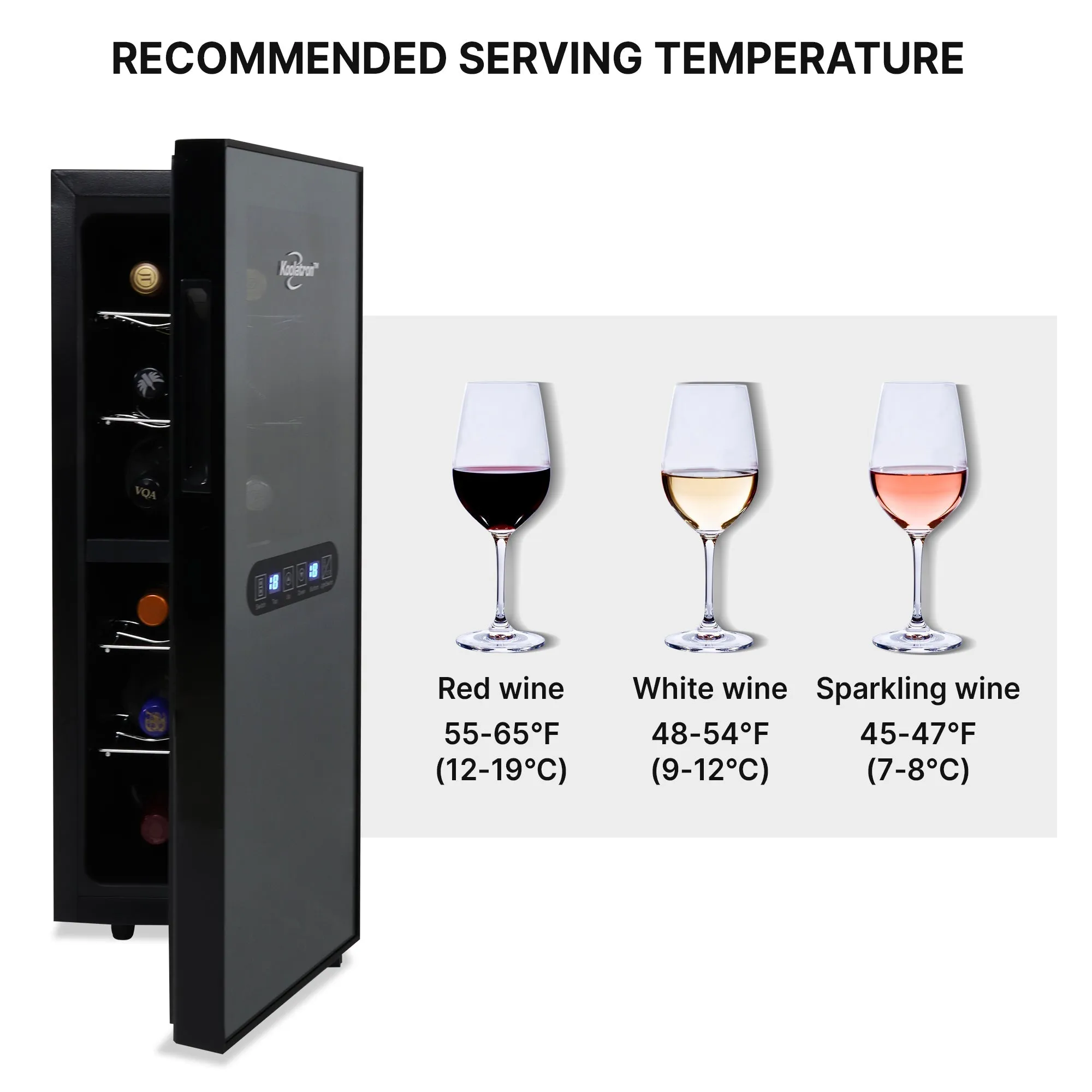 Koolatron 12 Bottle Dual Zone Wine Cooler, Black, Thermoelectric Wine Fridge, 1.2 cu. ft. (33L), Freestanding Wine Cellar, Red, White, Sparkling Wine Storage for Small Kitchen, Apartment, Condo, RV