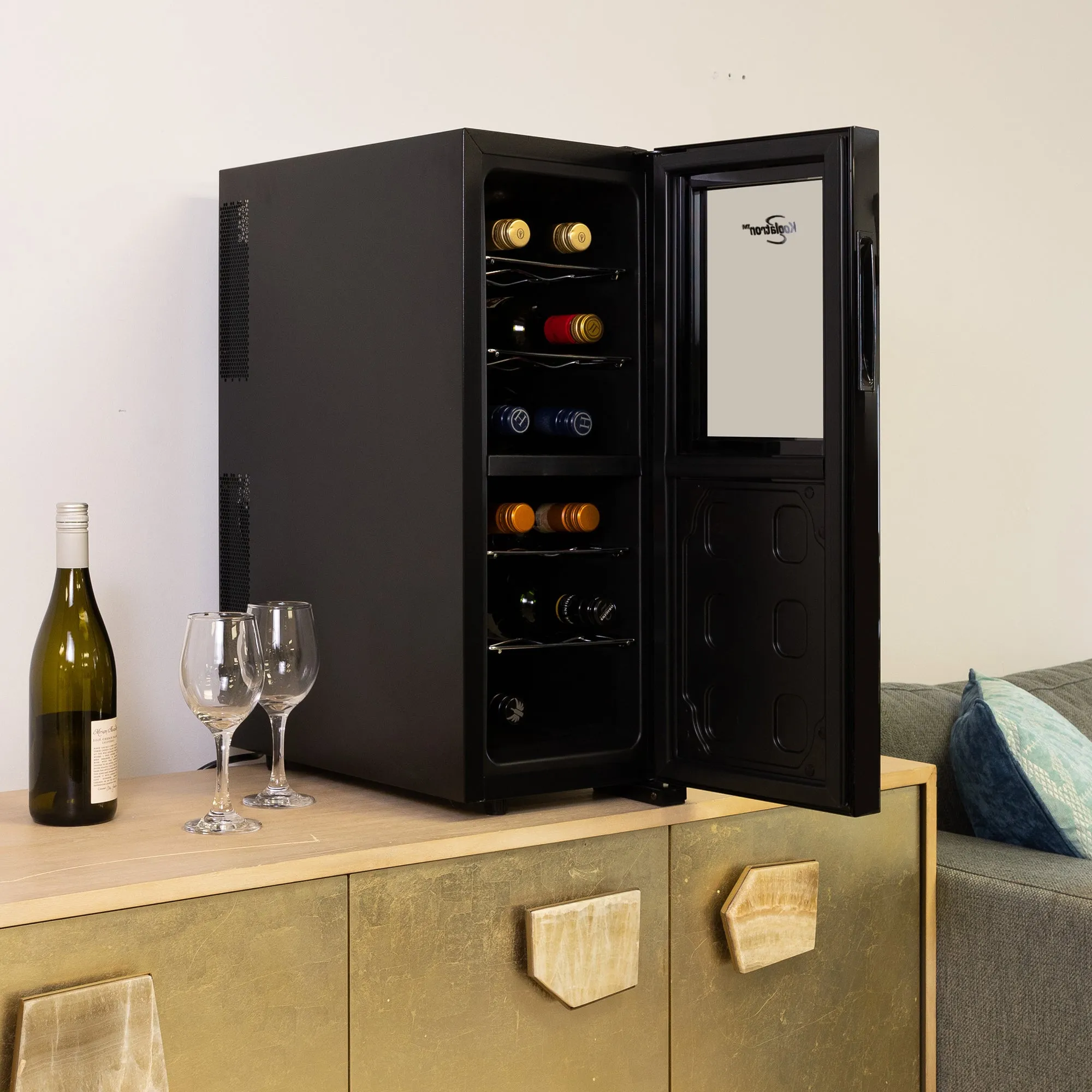 Koolatron 12 Bottle Dual Zone Wine Cooler, Black, Thermoelectric Wine Fridge, 1.2 cu. ft. (33L), Freestanding Wine Cellar, Red, White, Sparkling Wine Storage for Small Kitchen, Apartment, Condo, RV