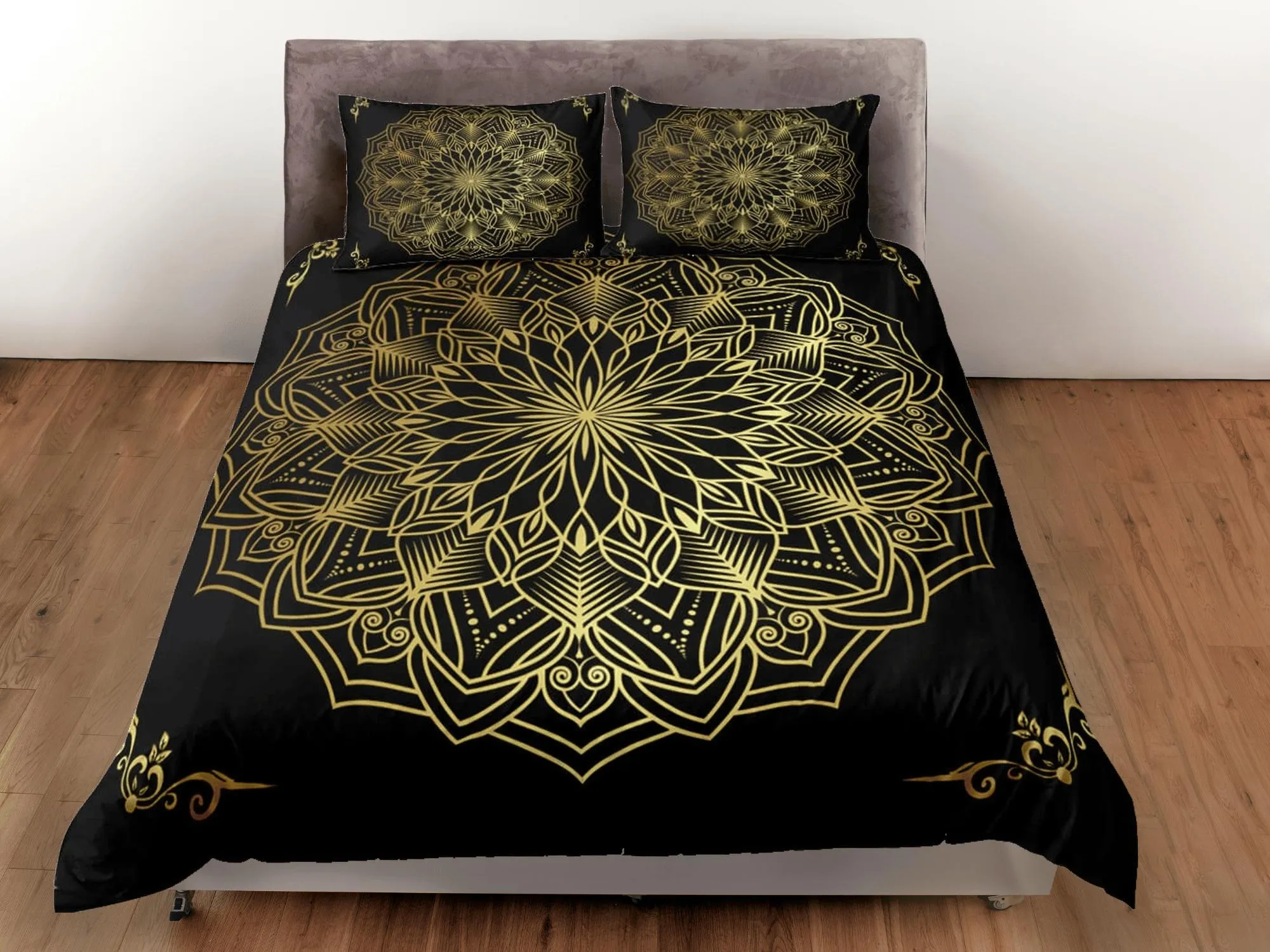 Line art golden mandala black duvet cover boho bedding set full, queen, king, dorm bedding, aesthetic room indian bedspread maximalist decor