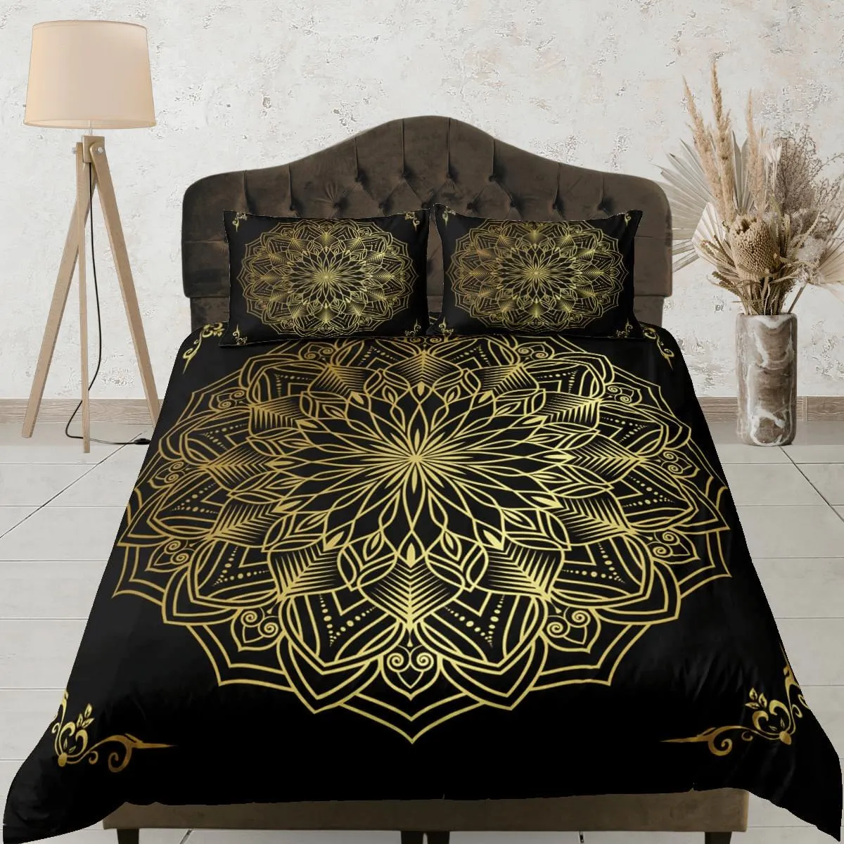 Line art golden mandala black duvet cover boho bedding set full, queen, king, dorm bedding, aesthetic room indian bedspread maximalist decor