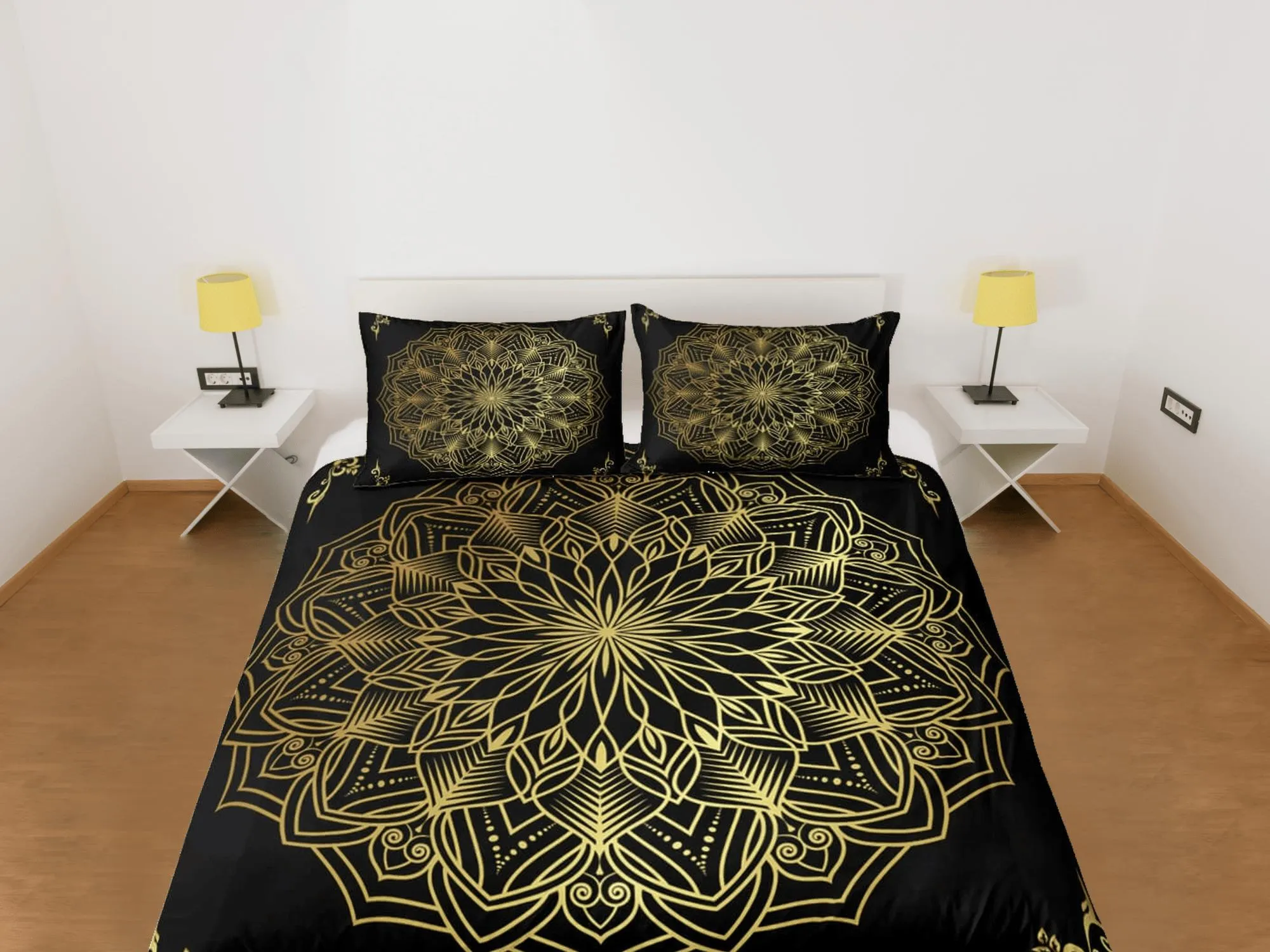 Line art golden mandala black duvet cover boho bedding set full, queen, king, dorm bedding, aesthetic room indian bedspread maximalist decor