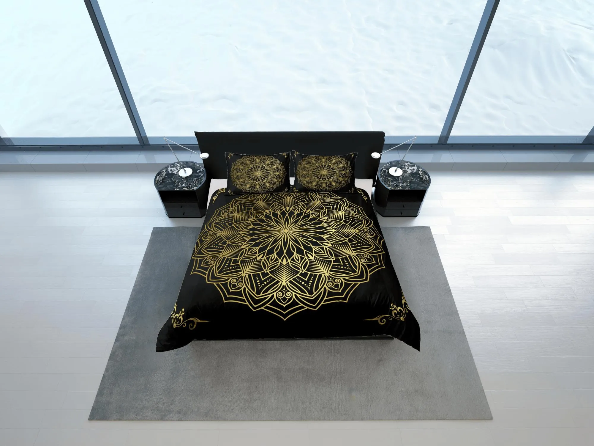 Line art golden mandala black duvet cover boho bedding set full, queen, king, dorm bedding, aesthetic room indian bedspread maximalist decor