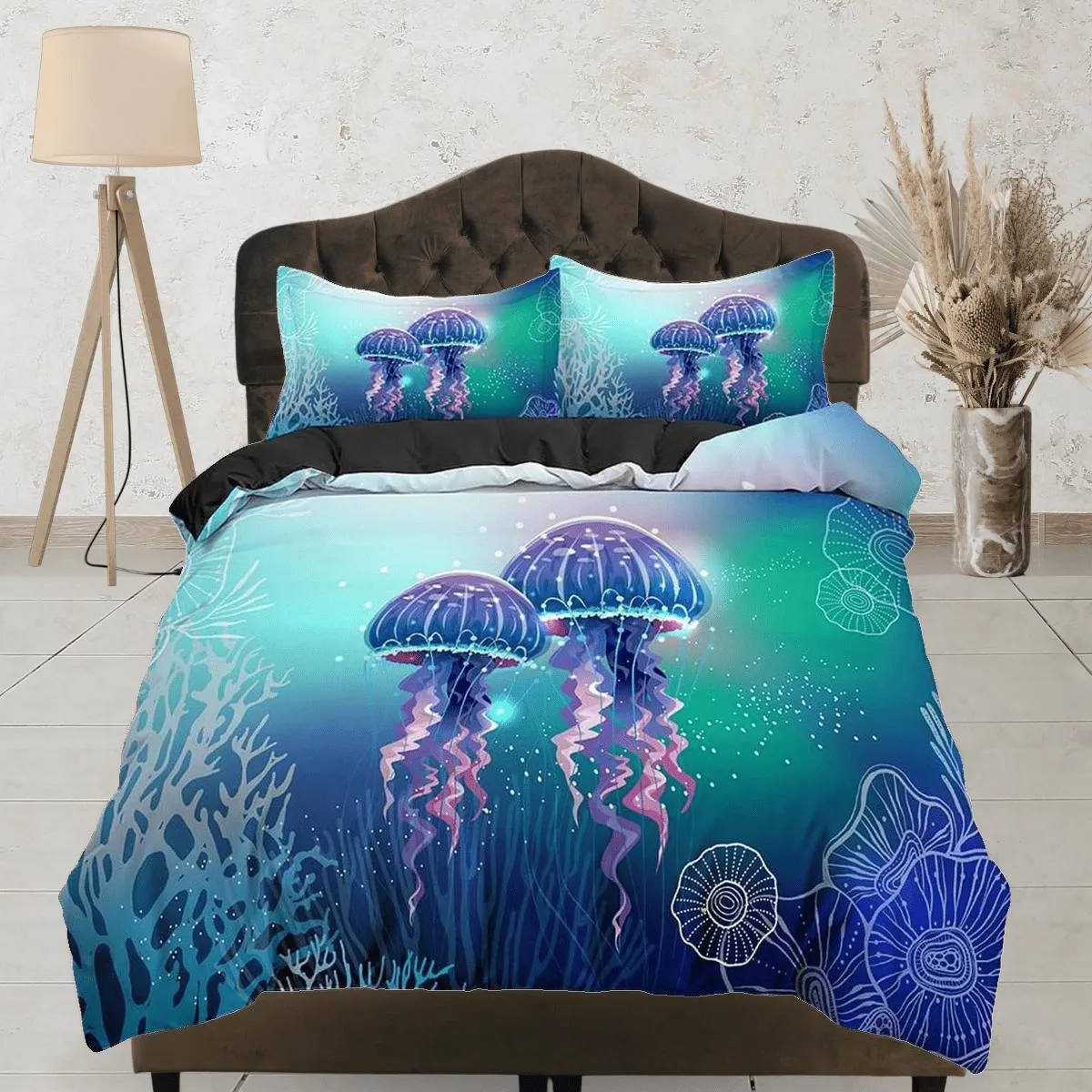 Lover jellyfish bedding blue green duvet cover, ocean blush sea animal bedding set full king queen twin crib toddler, college dorm bedding