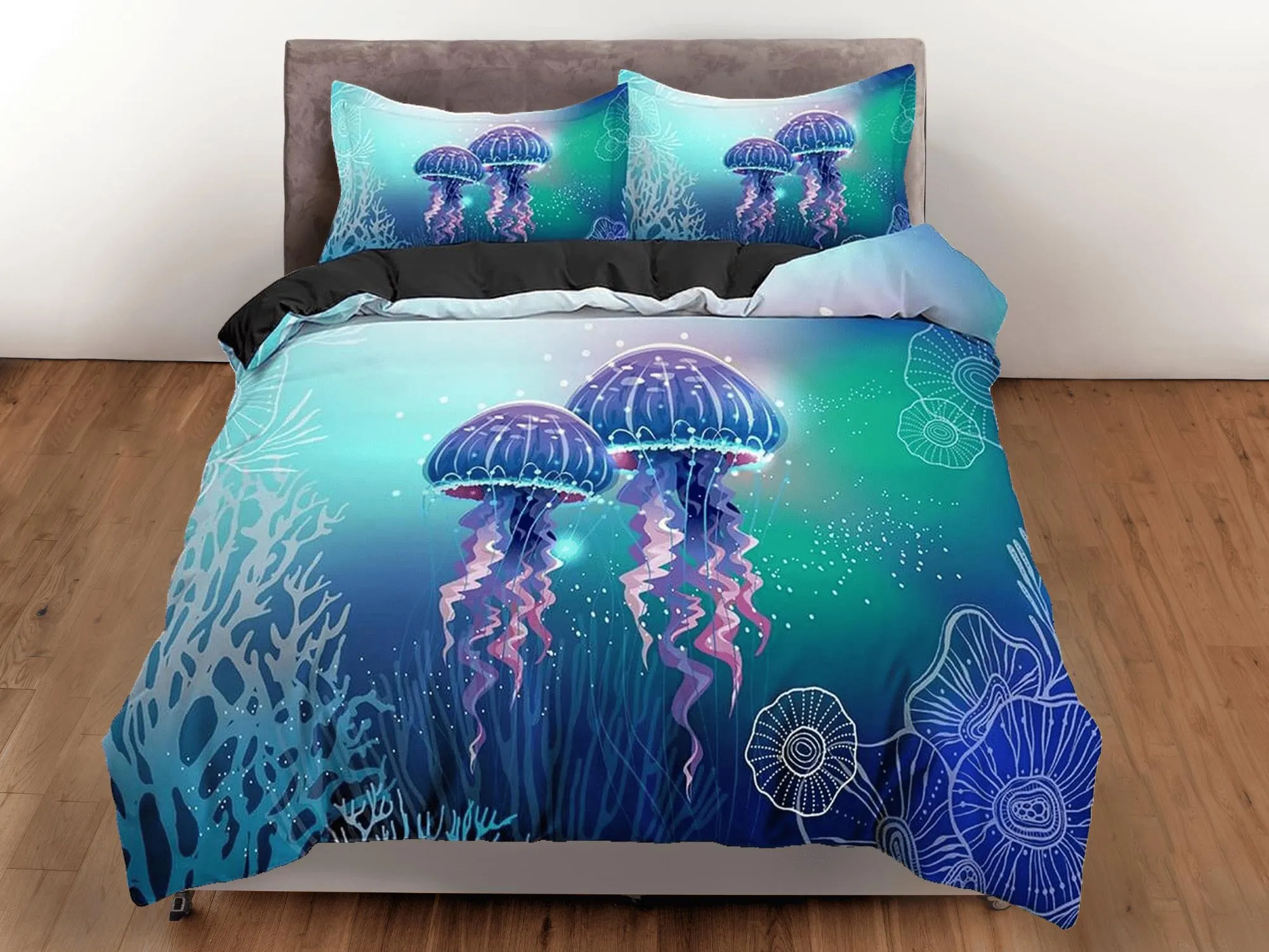 Lover jellyfish bedding blue green duvet cover, ocean blush sea animal bedding set full king queen twin crib toddler, college dorm bedding