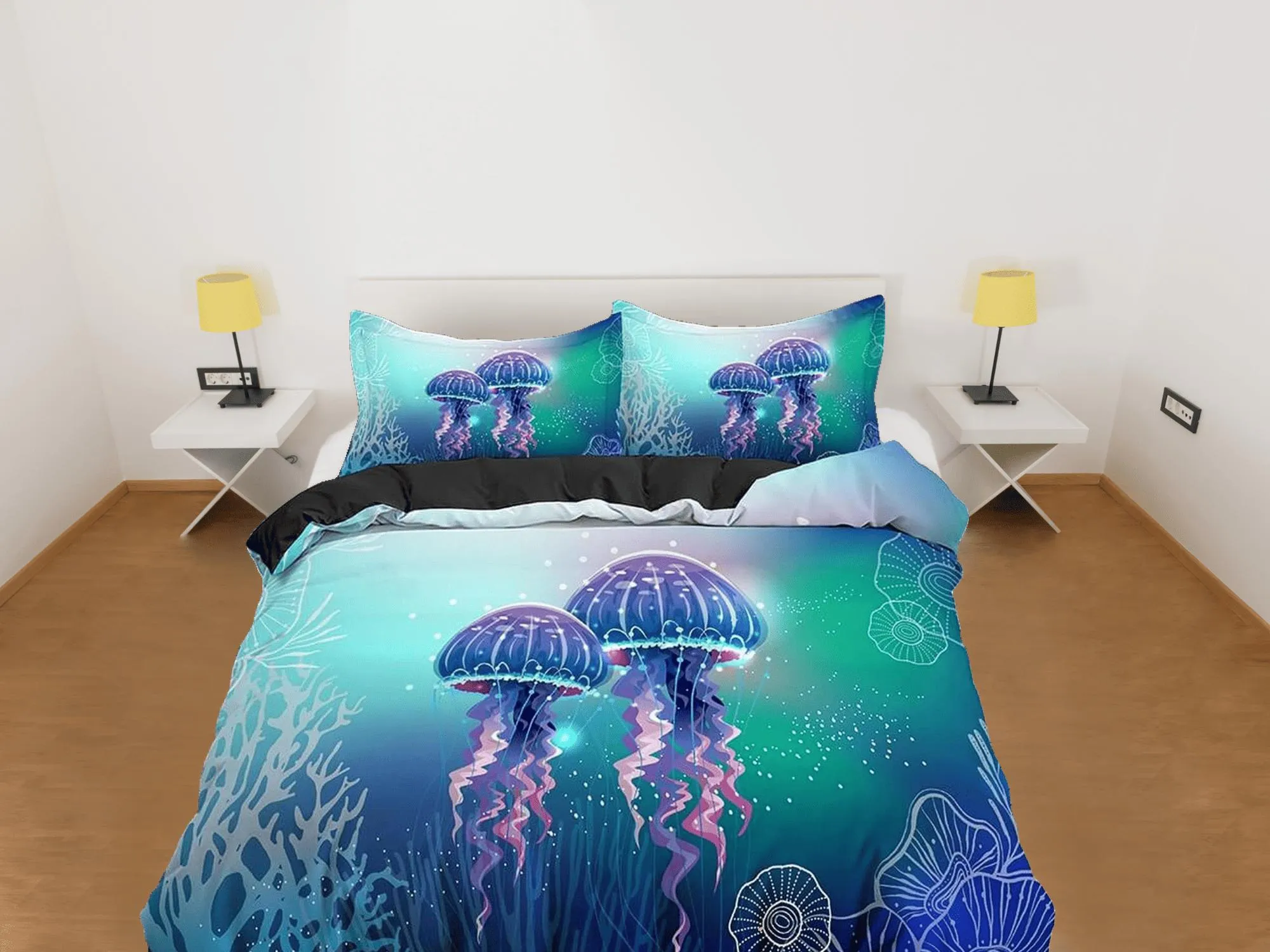 Lover jellyfish bedding blue green duvet cover, ocean blush sea animal bedding set full king queen twin crib toddler, college dorm bedding