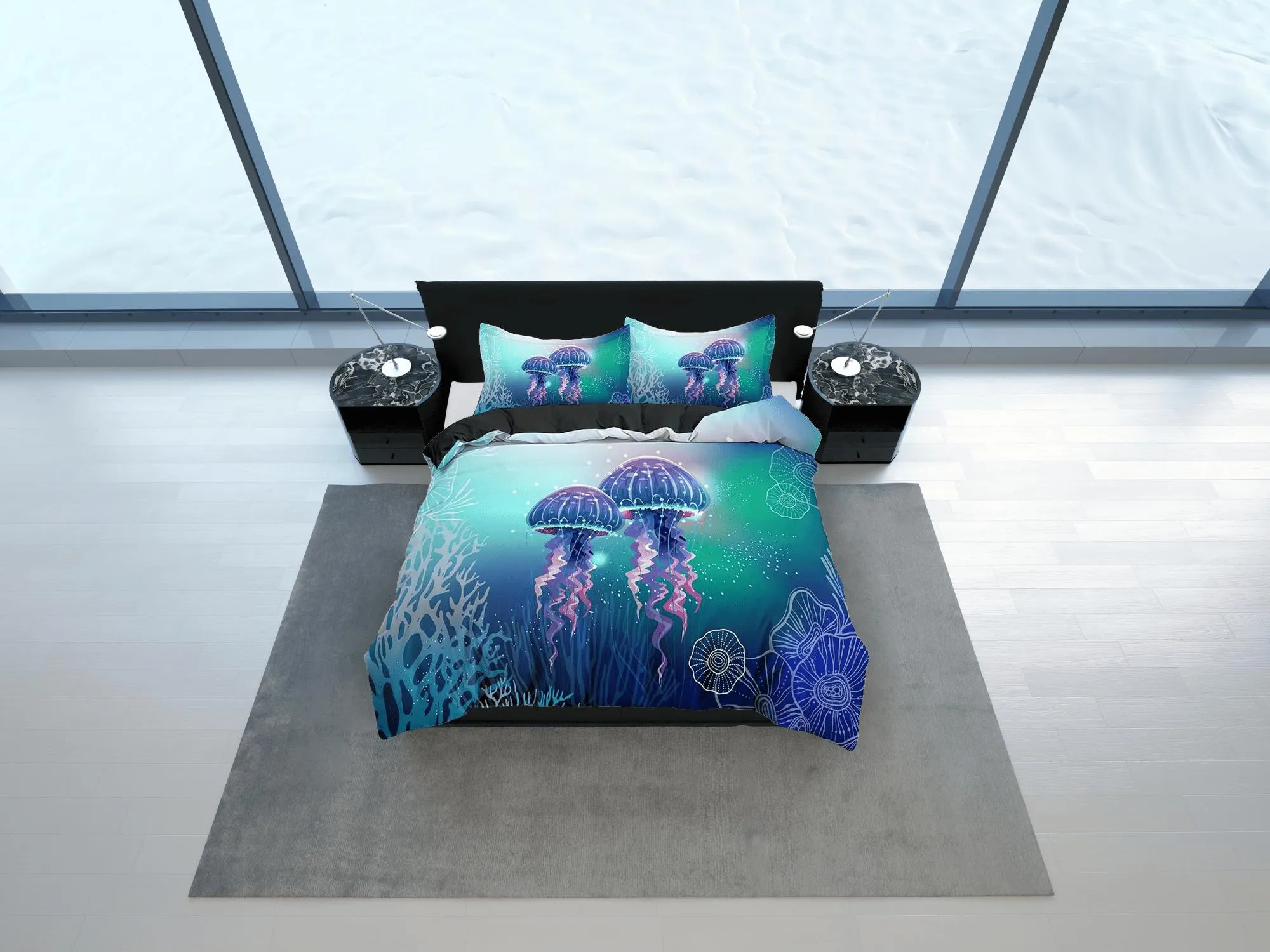 Lover jellyfish bedding blue green duvet cover, ocean blush sea animal bedding set full king queen twin crib toddler, college dorm bedding