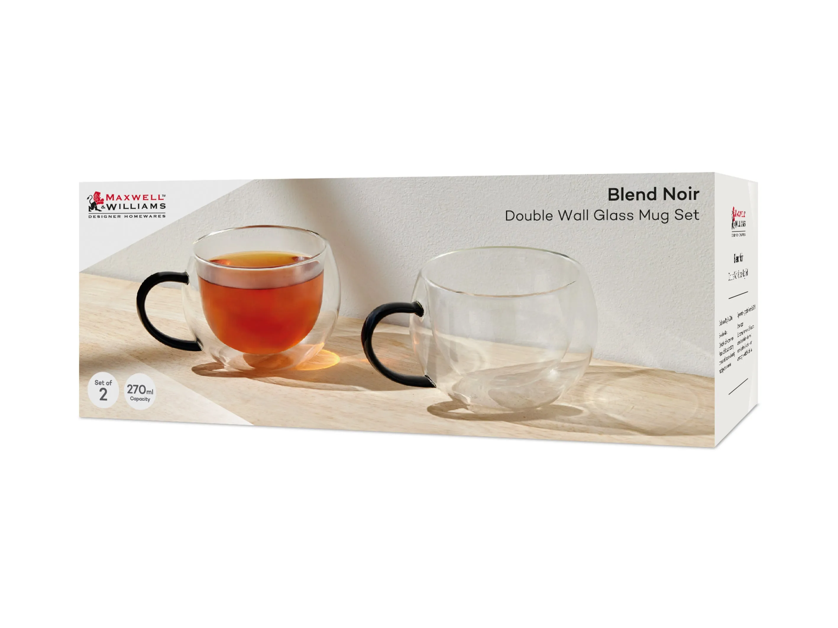 Maxwell & Williams Blend Noir Double Wall Glass Mugs 270ml - Set of 2