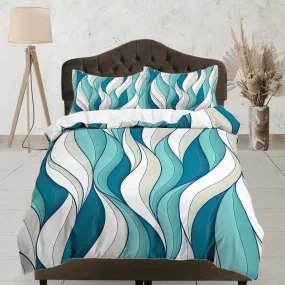 Mid century modern bedroom art set aquamarine duvet cover, aesthetic room decor boho chic bedding set full, colorful maximalist retro