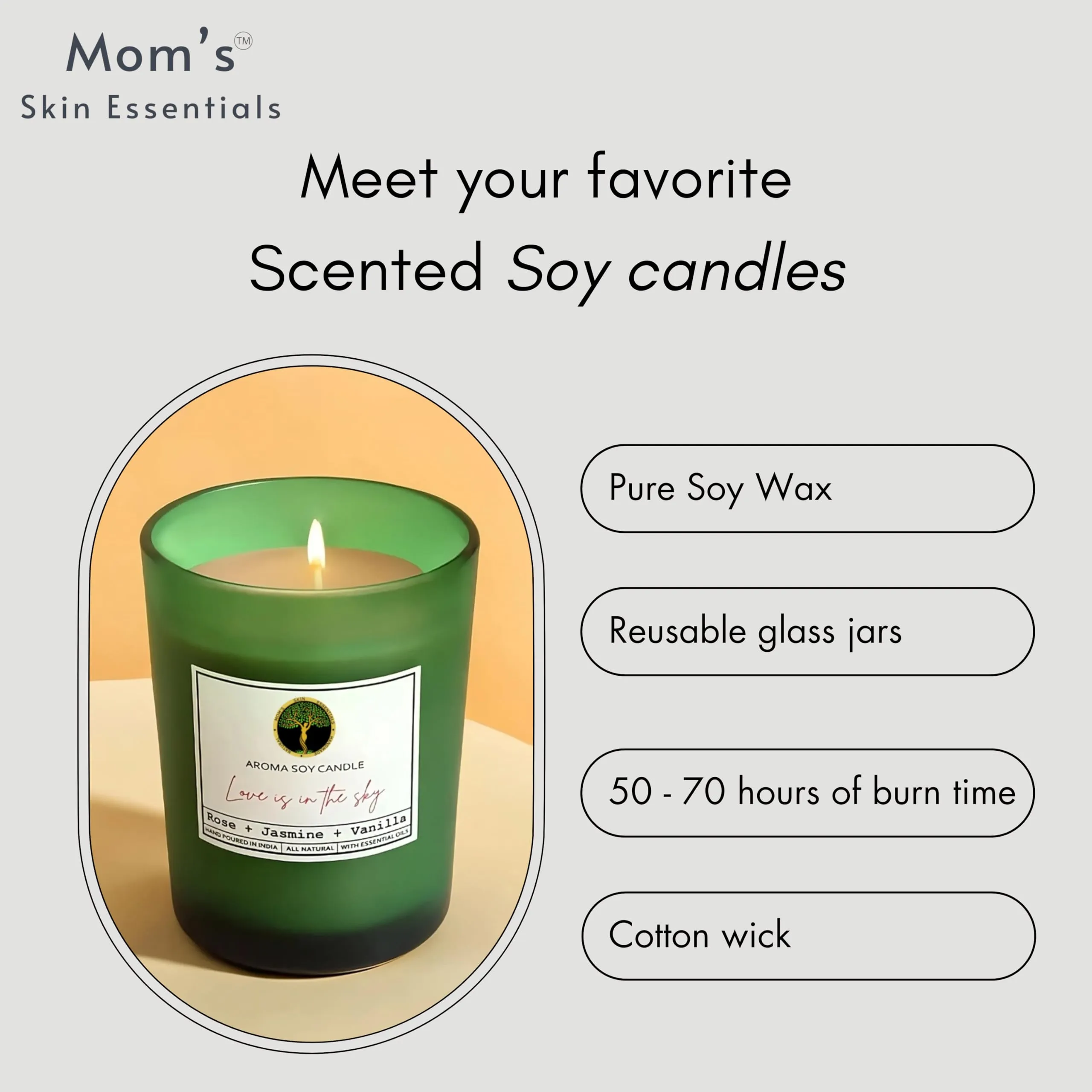 Mom's Skin Essentials Rose Vanilla Luxury Soy Wax Scented Candle 100% Soy Wax Smoke-Free Ideal for Home Decor, Gifting and Aromatherapy (500 gm) Upto 50 Hours Burning Time