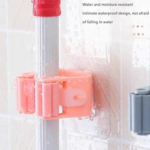 Mop Broom Holder, Self Adhesive Wall Mounted Organizer Broom Grip Holder, No Drilling Anti-Slip Waterproof