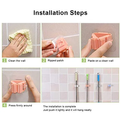 Mop Broom Holder, Self Adhesive Wall Mounted Organizer Broom Grip Holder, No Drilling Anti-Slip Waterproof