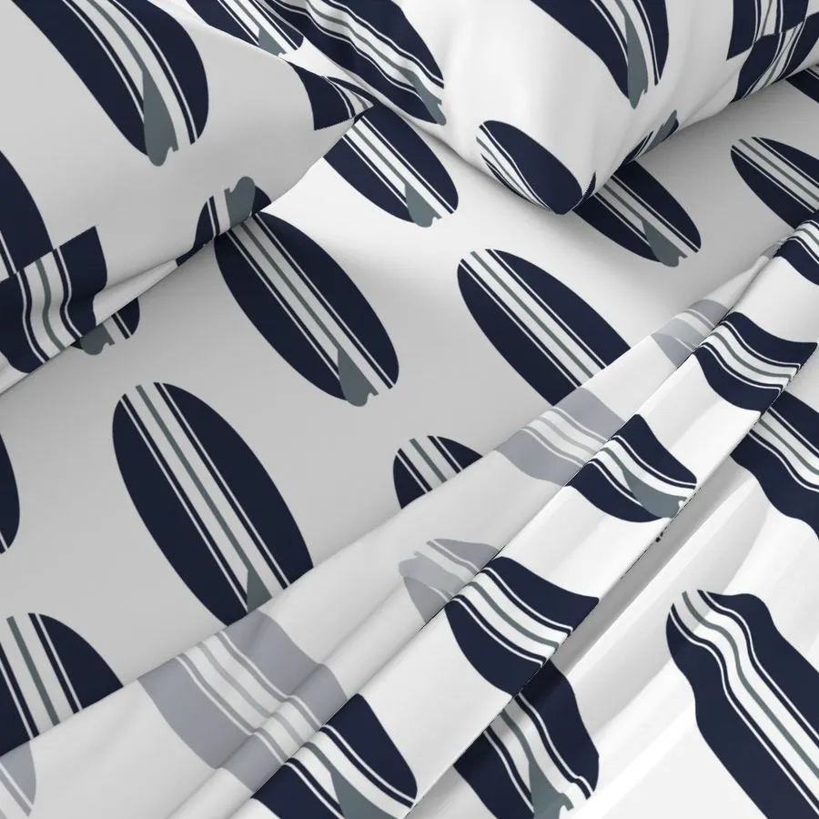 Navy Blue and Grey Classic Surfboards Sheet Set from Surfer Bedding™️ Large Scale