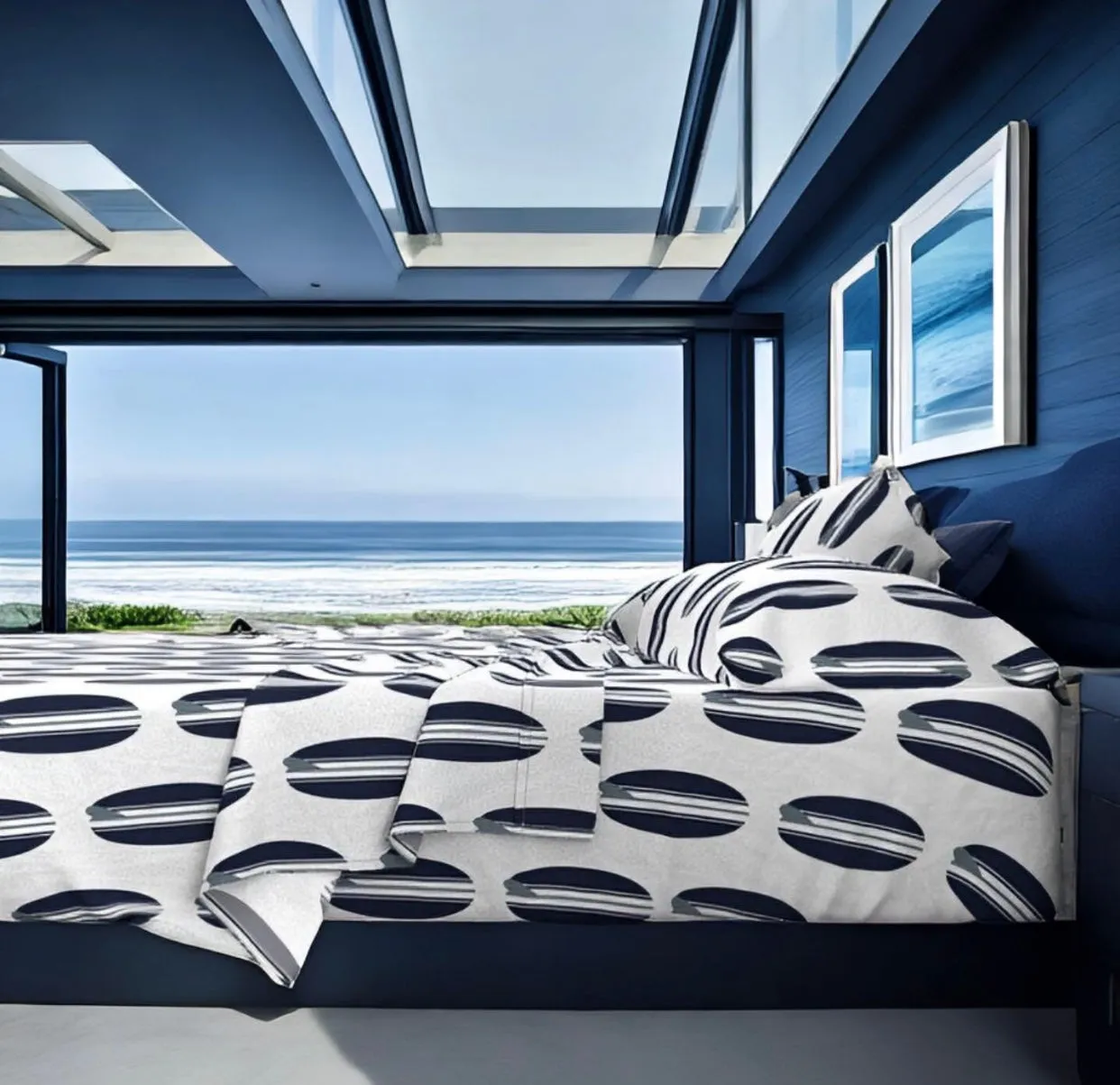 Navy Blue and Grey Classic Surfboards Sheet Set from Surfer Bedding™️ Large Scale